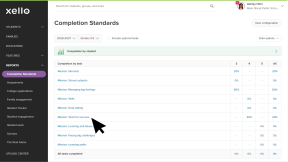 Educator account in Xello. The Completion Standards report page is open. There is a list of tasks and the cursor is clicking Mission: Tools for Success